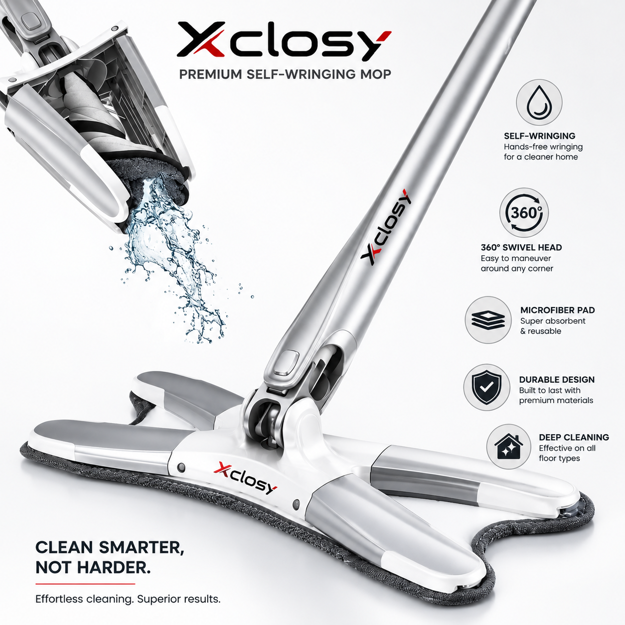 Xclosy Premium Self-Wringing Microfiber Mop